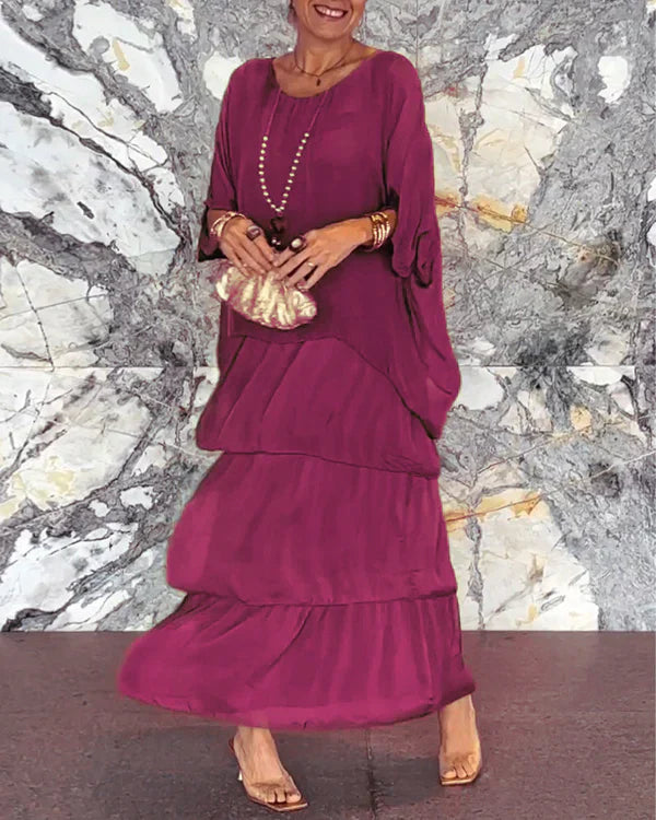 Chiffon sleeveless dolman sleeve round neckline long dress