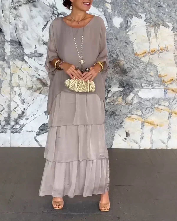 Chiffon sleeveless dolman sleeve round neckline long dress