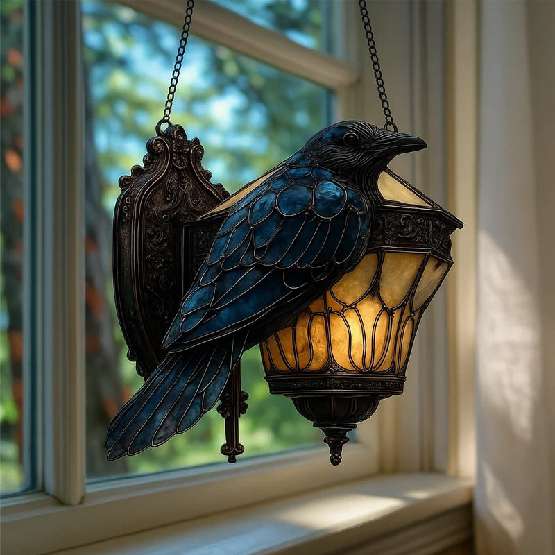 Stained glass raven lantern