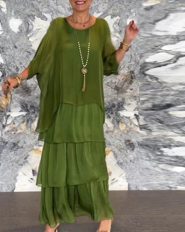 Chiffon sleeveless dolman sleeve round neckline long dress