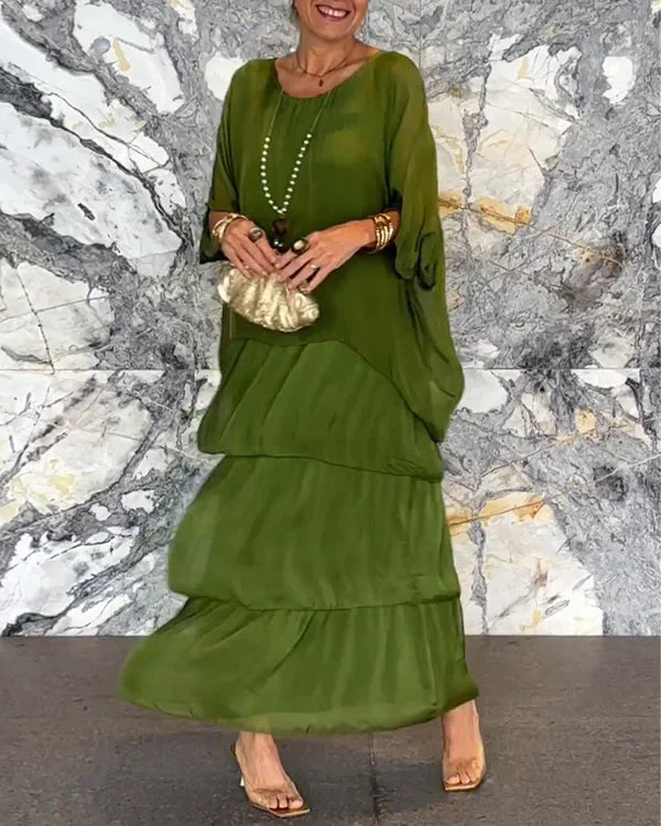 Chiffon sleeveless dolman sleeve round neckline long dress