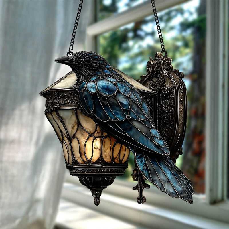 Stained glass raven lantern