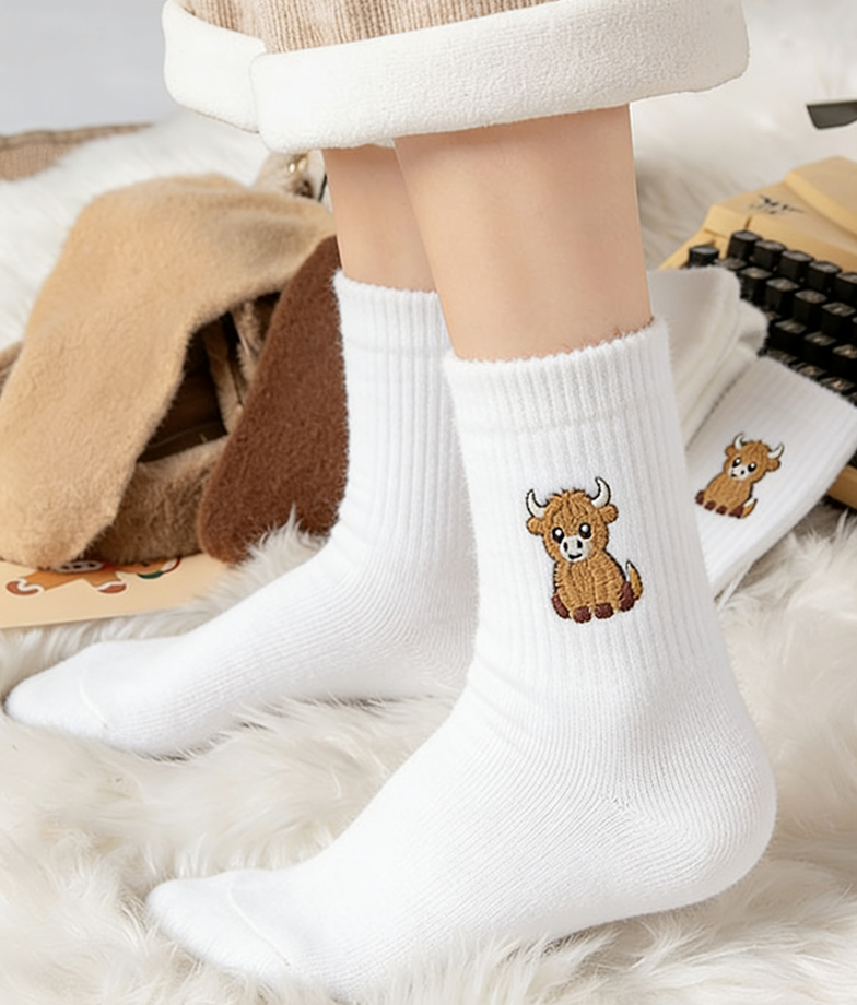 🔥Women's Cute Warm Highland Cow Embroidered Plush Socks