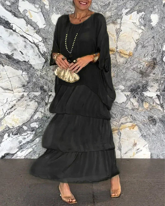 Chiffon sleeveless dolman sleeve round neckline long dress