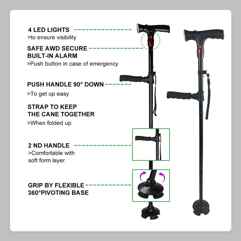 Alarm LED Double Handle Elderly Cane