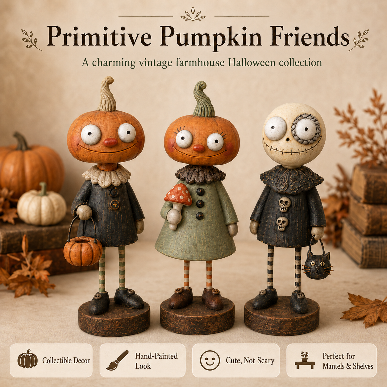 🎃Primitive Pumpkin Friends – Vintage Halloween Figurines Collection