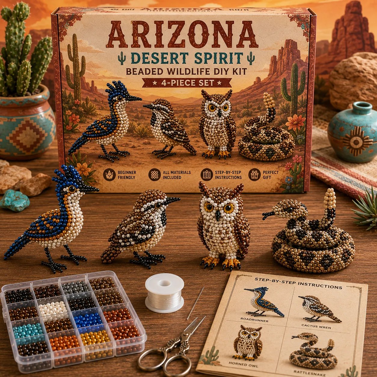 America 250th Anniversary State Wildlife Beaded DIY Kit – 4-Piece Handmade Animal Craft Set Collection (💖Beginner Friendly)