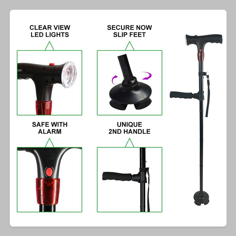 Alarm LED Double Handle Elderly Cane