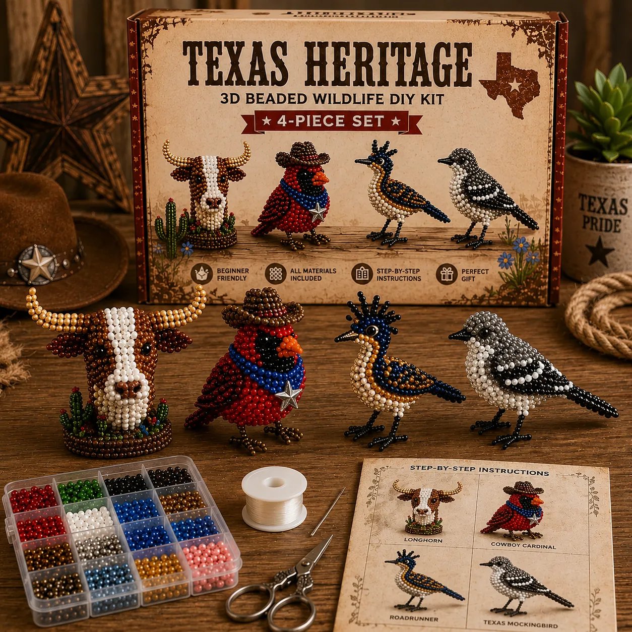 America 250th Anniversary State Wildlife Beaded DIY Kit – 4-Piece Handmade Animal Craft Set Collection (💖Beginner Friendly)